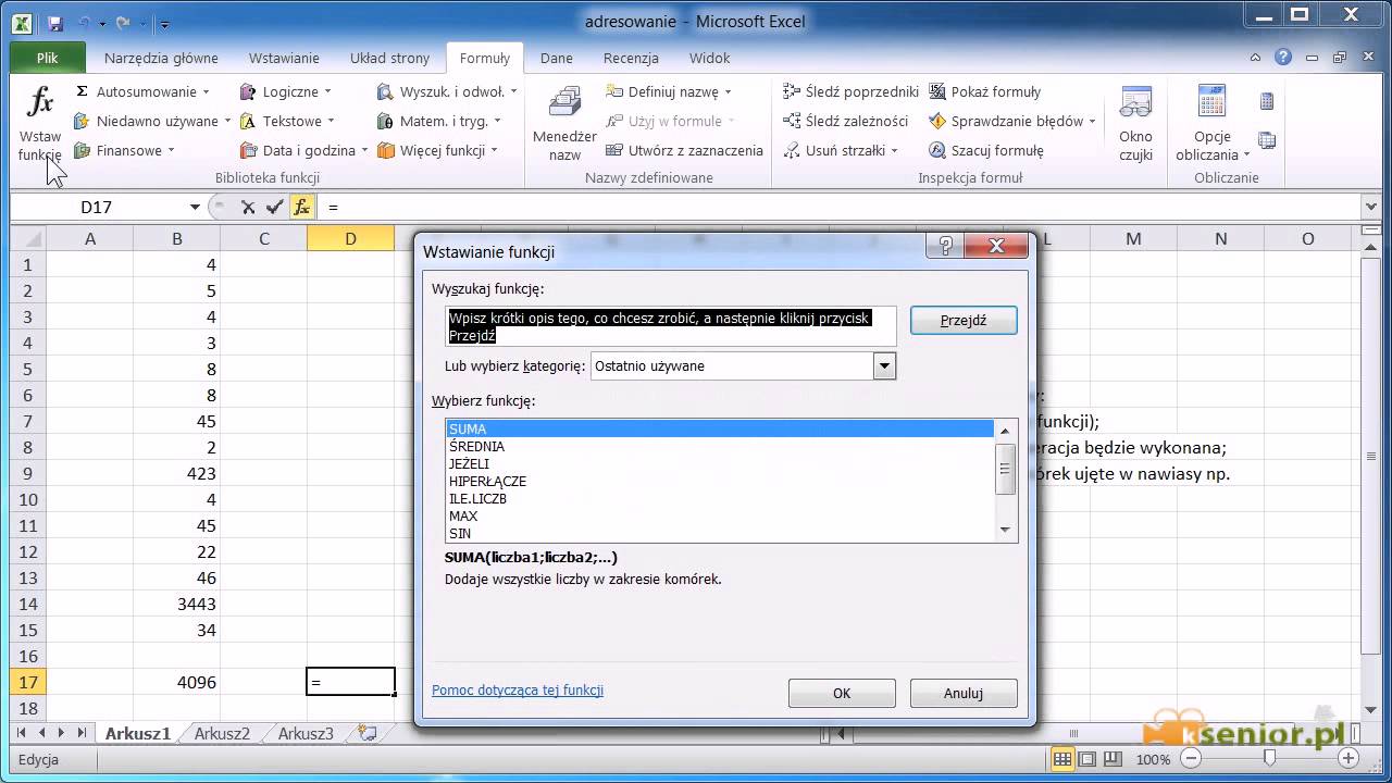 12. Microsoft Excel 2007/2010 - funkcje - wprowadzenie.