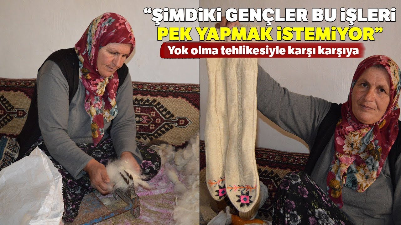 55 yaşındaki Safiye Demir, Yün Eğirme ve Örgüt Örme  Geleneğini Sürdürüyor
