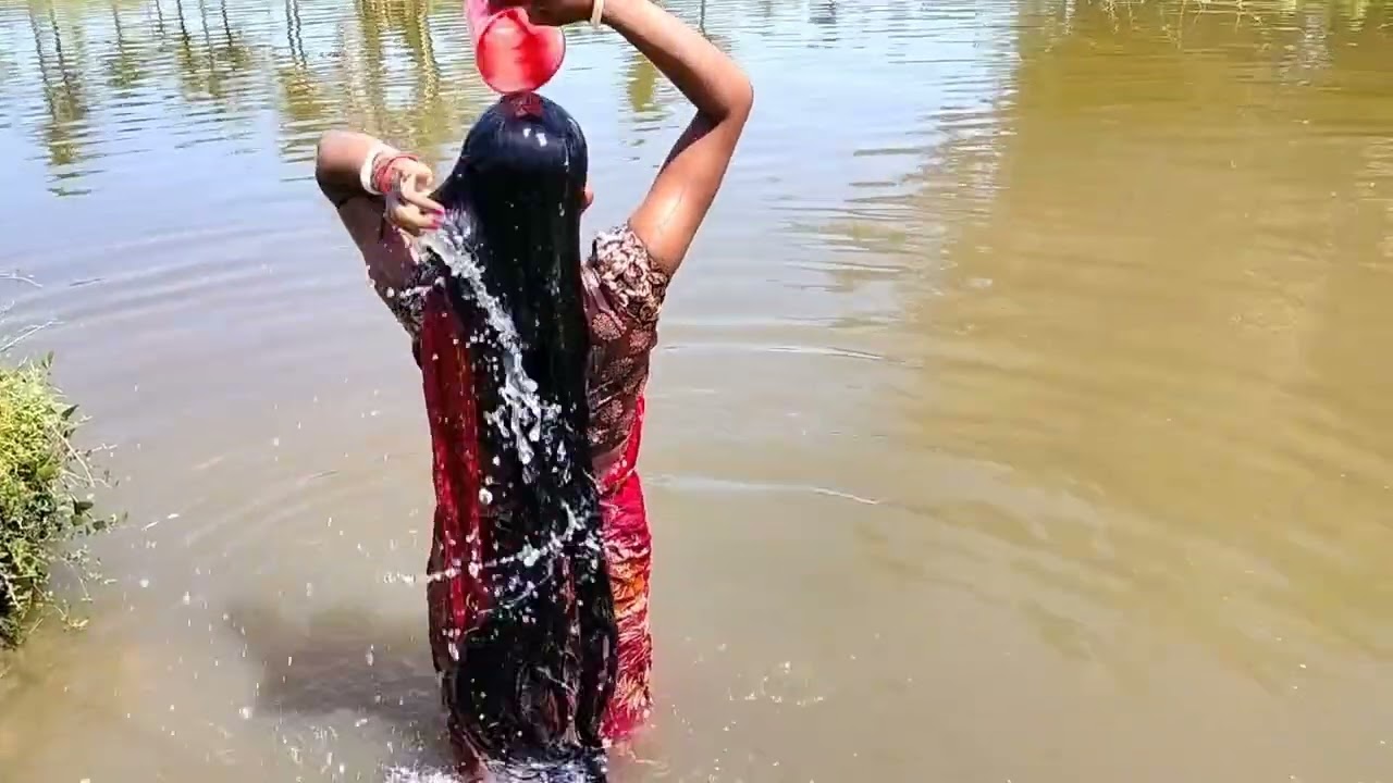 Verry Long Hair Wash in The village Pond...#video #longhair #hair #was#women#swapna  