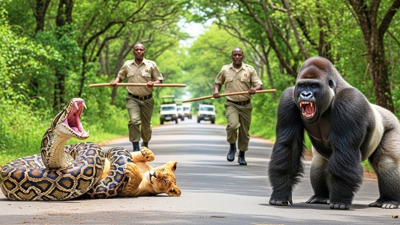 Men Rush to Save Lion Cub from Python, What the Gorilla Did Was Terrifying!