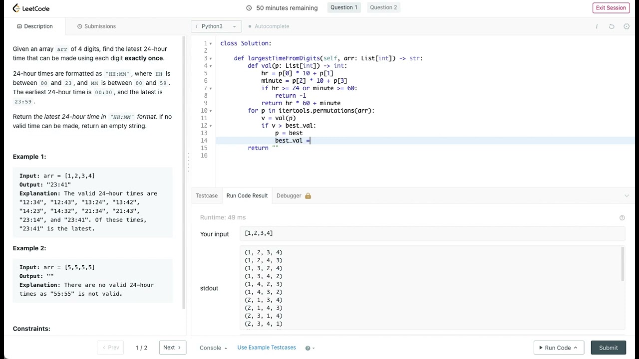 LeetCode Largest Time for Given Digits (Medium) + Range Sum Query - Mutable (Medium)