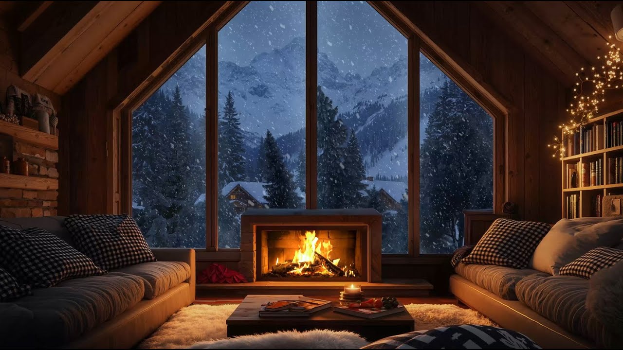 Winter Cabin Sanctuary (No Ads) | Crackling Fireplace & Gentle Snowy Winds for Deep Rest