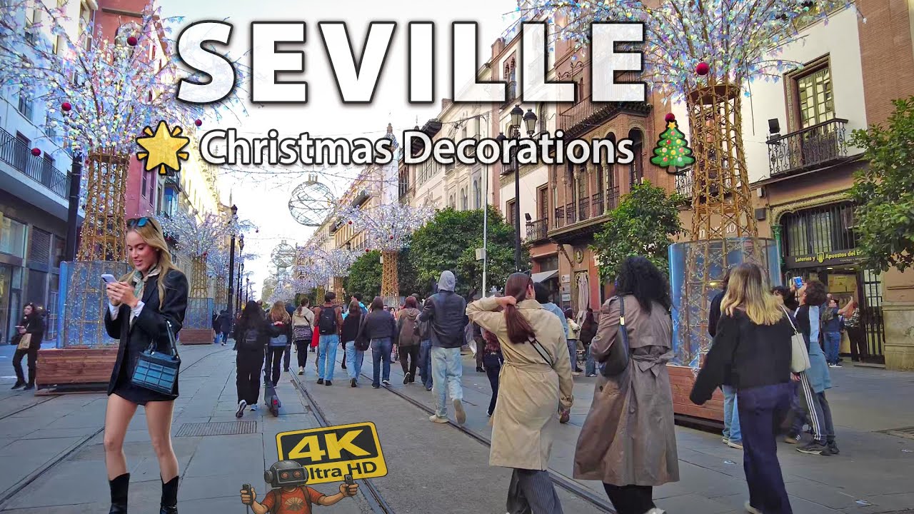 Seville's Constitution Ave. 🌟 Christmas Decorations 🎄 4K Virtual Walking Tour Spain