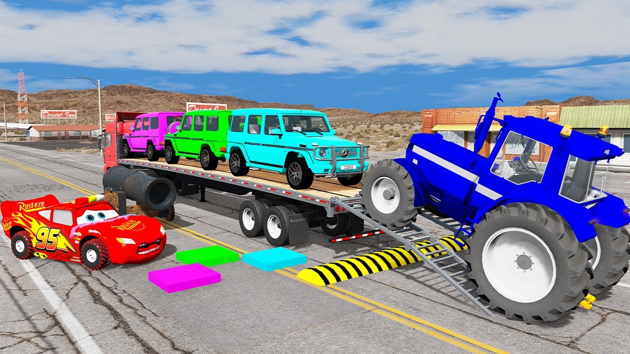 Flatbed Trailer McQueen Cars Transportation with Truck, Truck vs Train #18- BeamNG Drive
