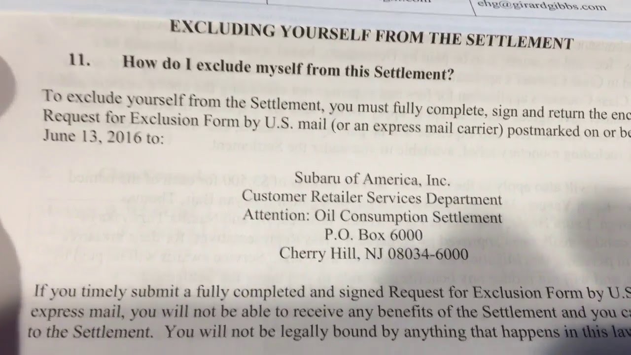 Subaru Class action suit - Oil consumption settlement
