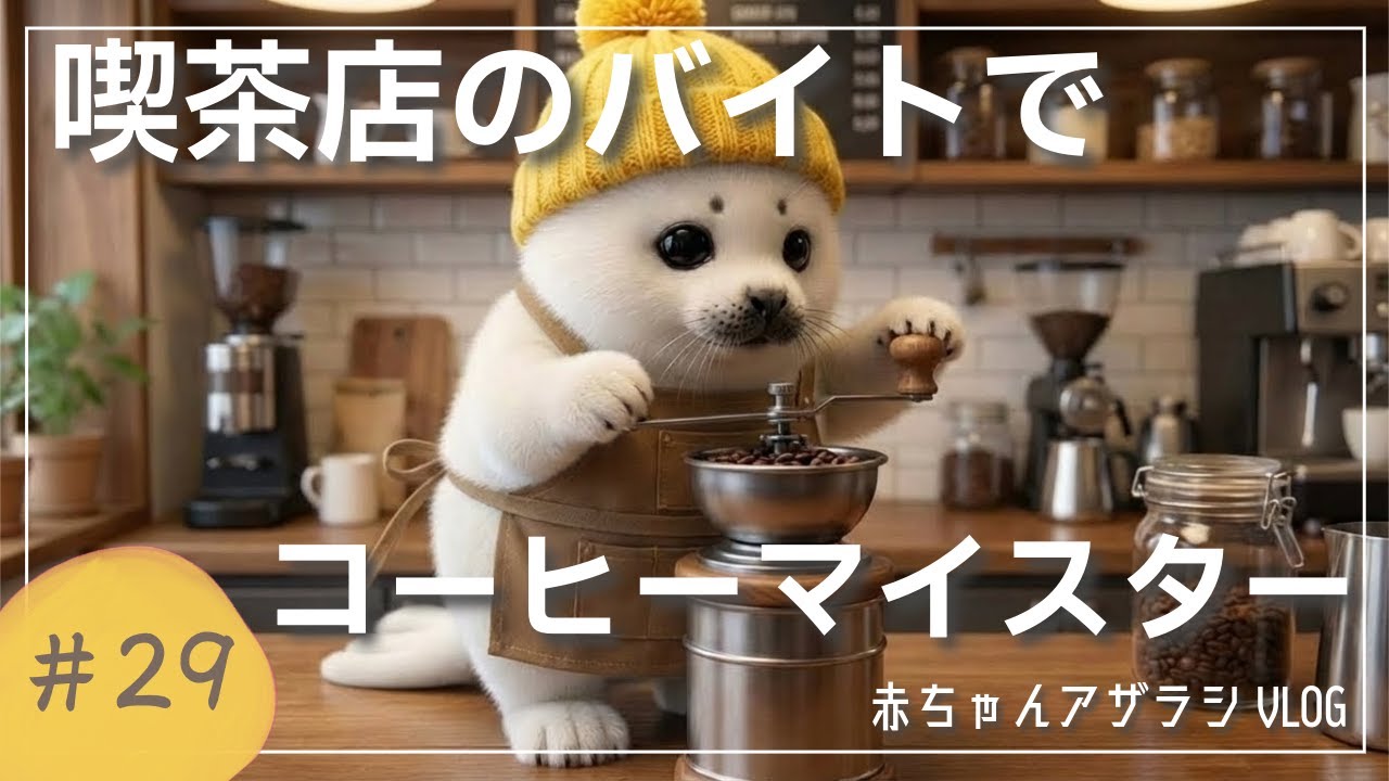 【赤ちゃんアザラシぽふ】ぽふの喫茶店バイトに1日密着してみた☕️✨