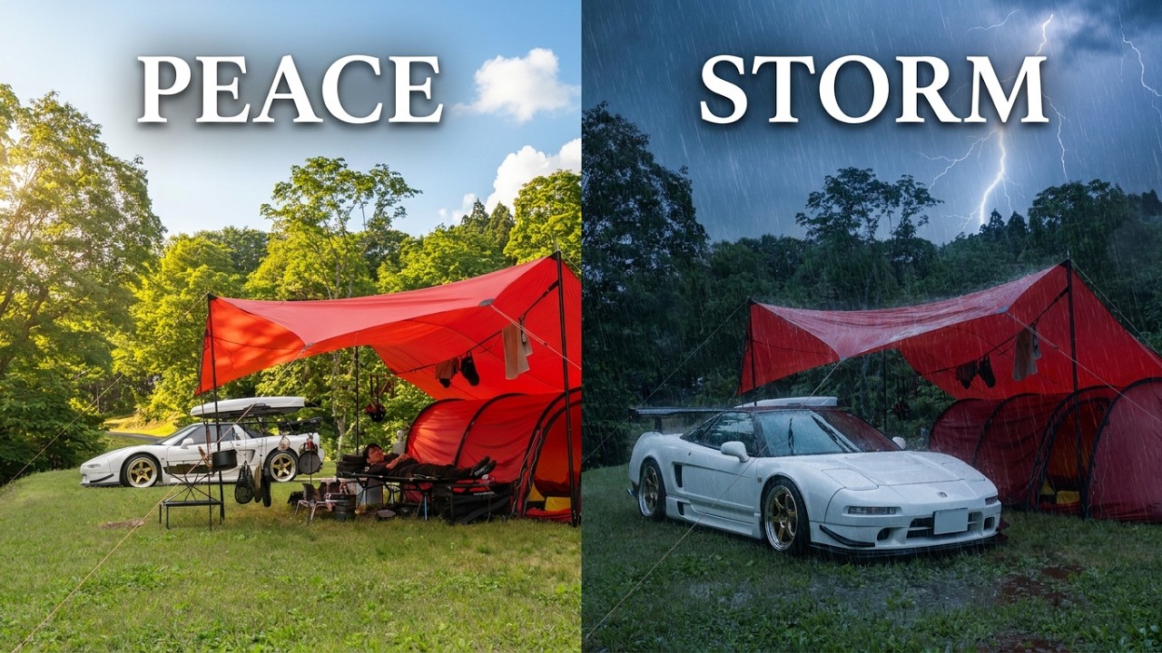 HONDA NSX в походе под дождем с собакой. Гром и молния. Уютная брезентовая палатка. Расслабляющий