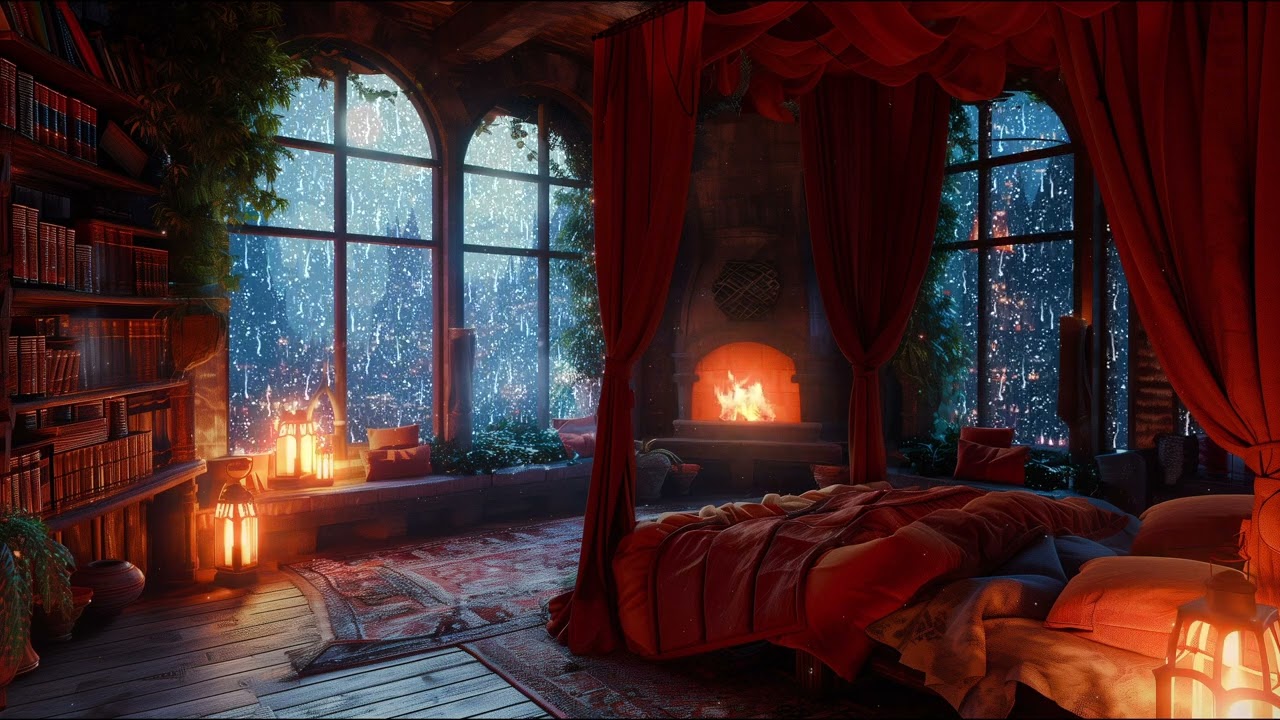 Nighttime Thunderstorm Haven - Rain and Fireplace Sounds - Cozy Castle Ambience | 12 Hours