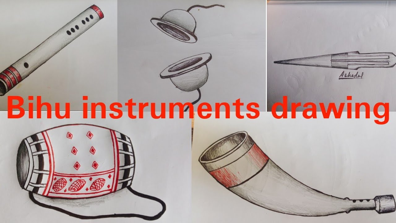 Assam 5 Bihu instruments drawing with pen easy step by step||Dhol drawing