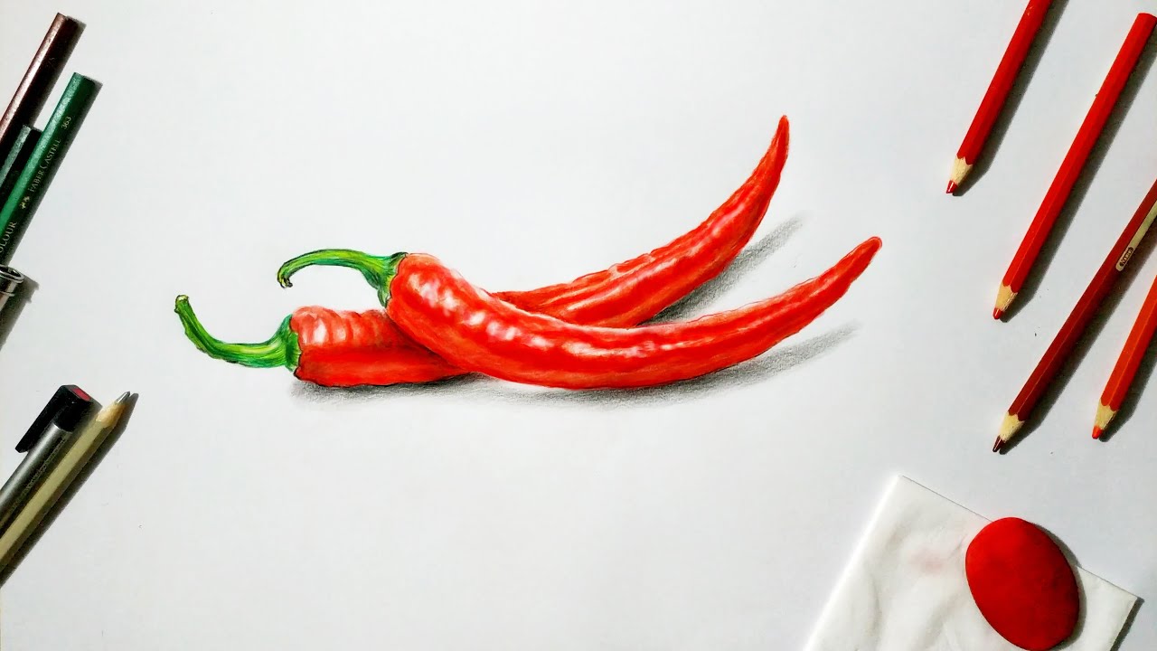 Lukisan 3d | Cara menggambar Cabe menggunakan Pensil warna