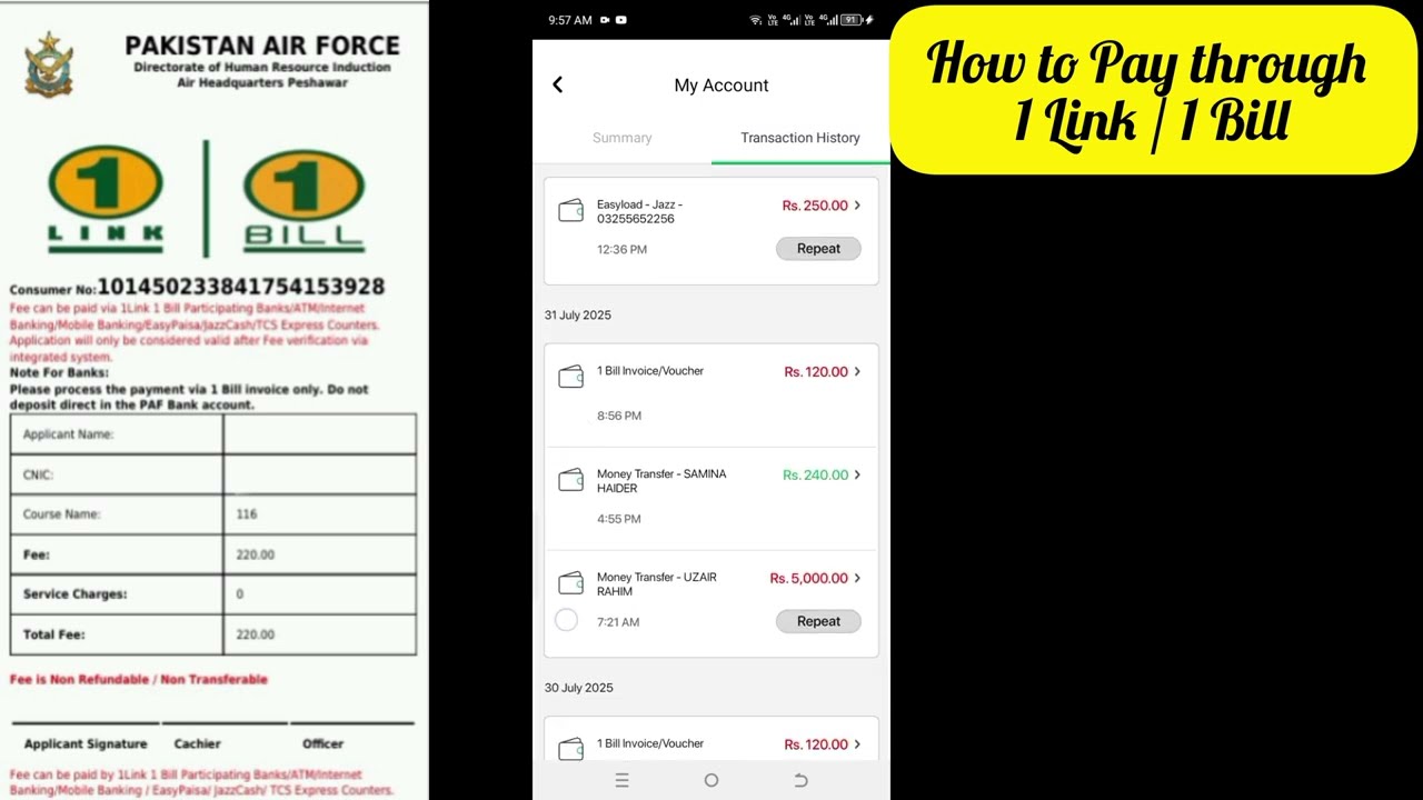 How to Pay PAF Registration Fee via Easypaisa | 1Link 1Bill Method | Step-by-Step 2025 Guide