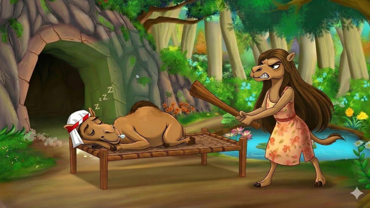 गुस्सैल ऊंटनी ने सोते हुए ऊंट को डंडे से मारा 😱 | Funny Camel Story | Jungle Cartoonया