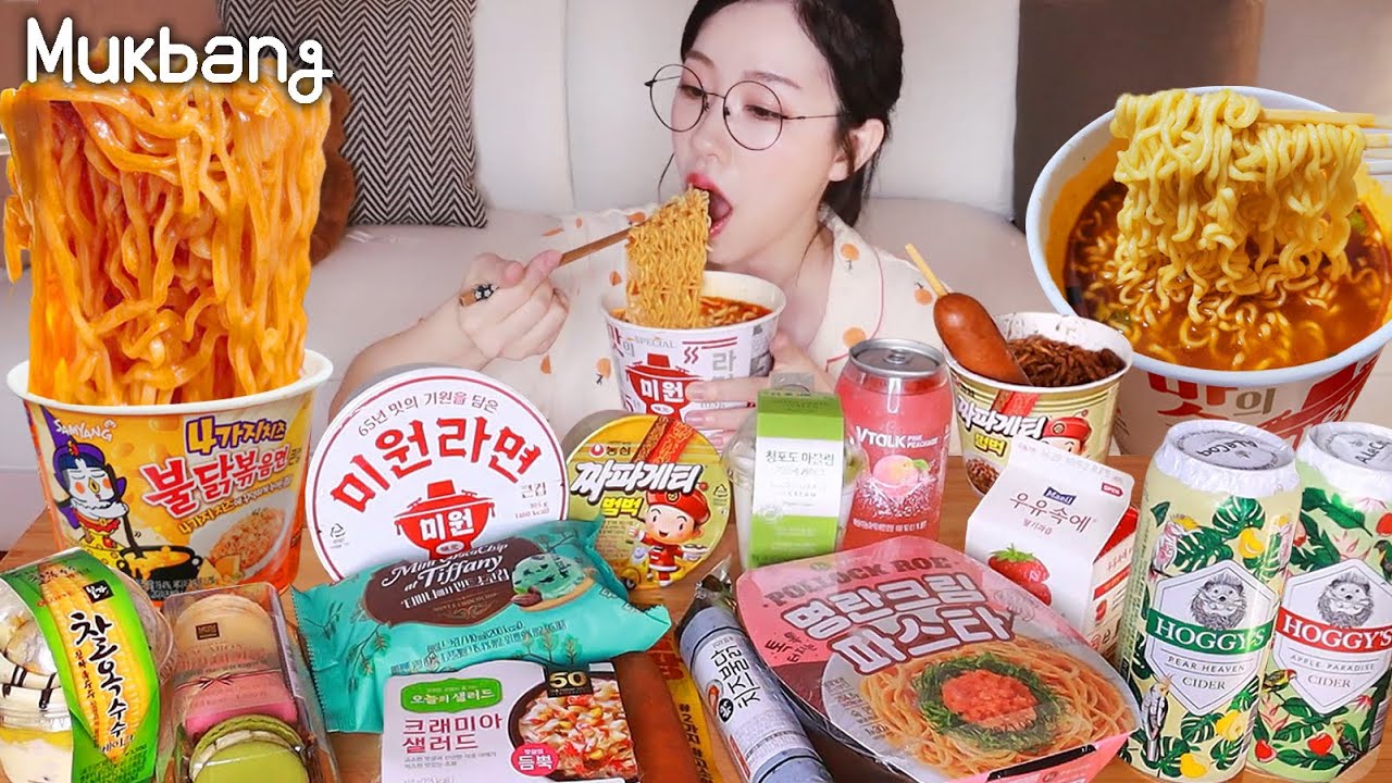 Convenience store mukbang!💛cheese spicy noodles,Jjapaghetti,Ramyeon,Kimbap,Cake,Macaron,Pasta,Beer❤️