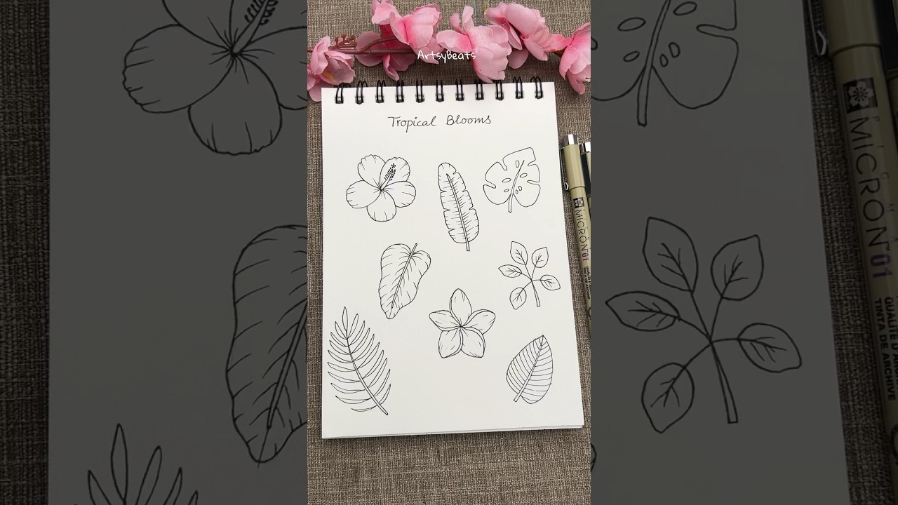 Draw with me 🌷Tropical blooms 🌿#drawing #art #tropical #inkart #flowerdrawing #draw #sketchbook
