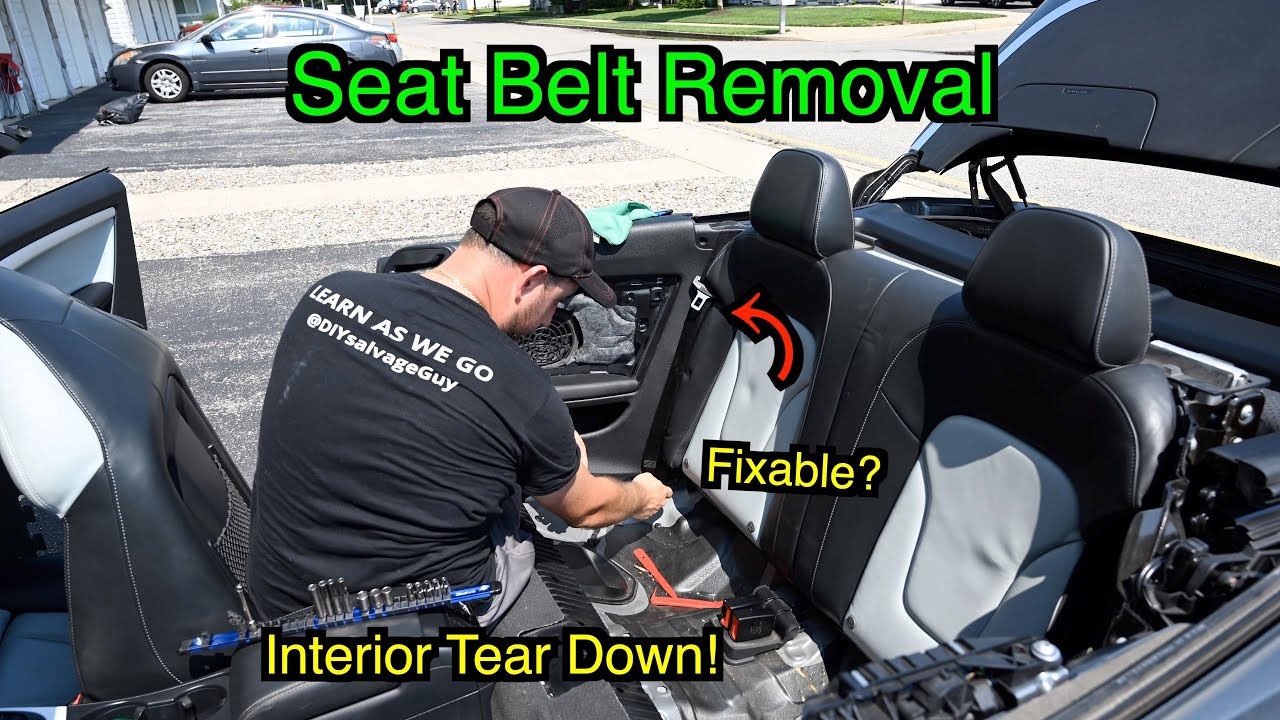 Salvage Car Rebuild Project 2012 Audi S5 Part 7: Interior removal and SeatBelt Repair