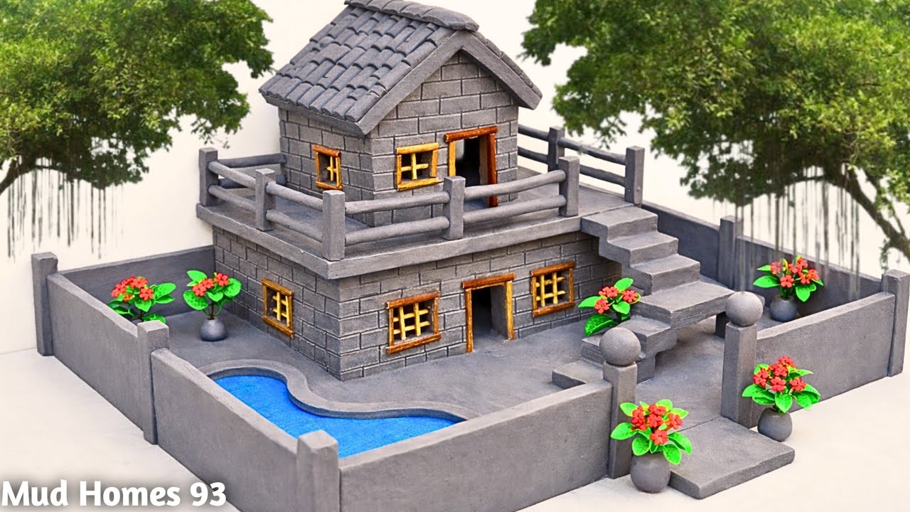 Handcrafted Miniature Mud Villa with Pool | Relaxing Clay Art Build