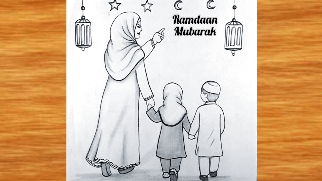Ramdaan Mubarak Drawing easy || Drawing for Eid Festival || Muslim family Drawing on ramzaan Easy 