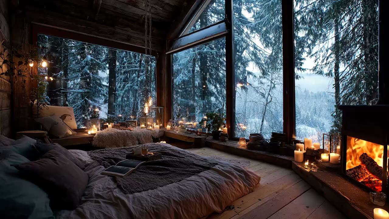 Cold Snow Wind Surrounding the Cabin with Gentle Fireplace Sounds for Deep Sleep and Inner Peace