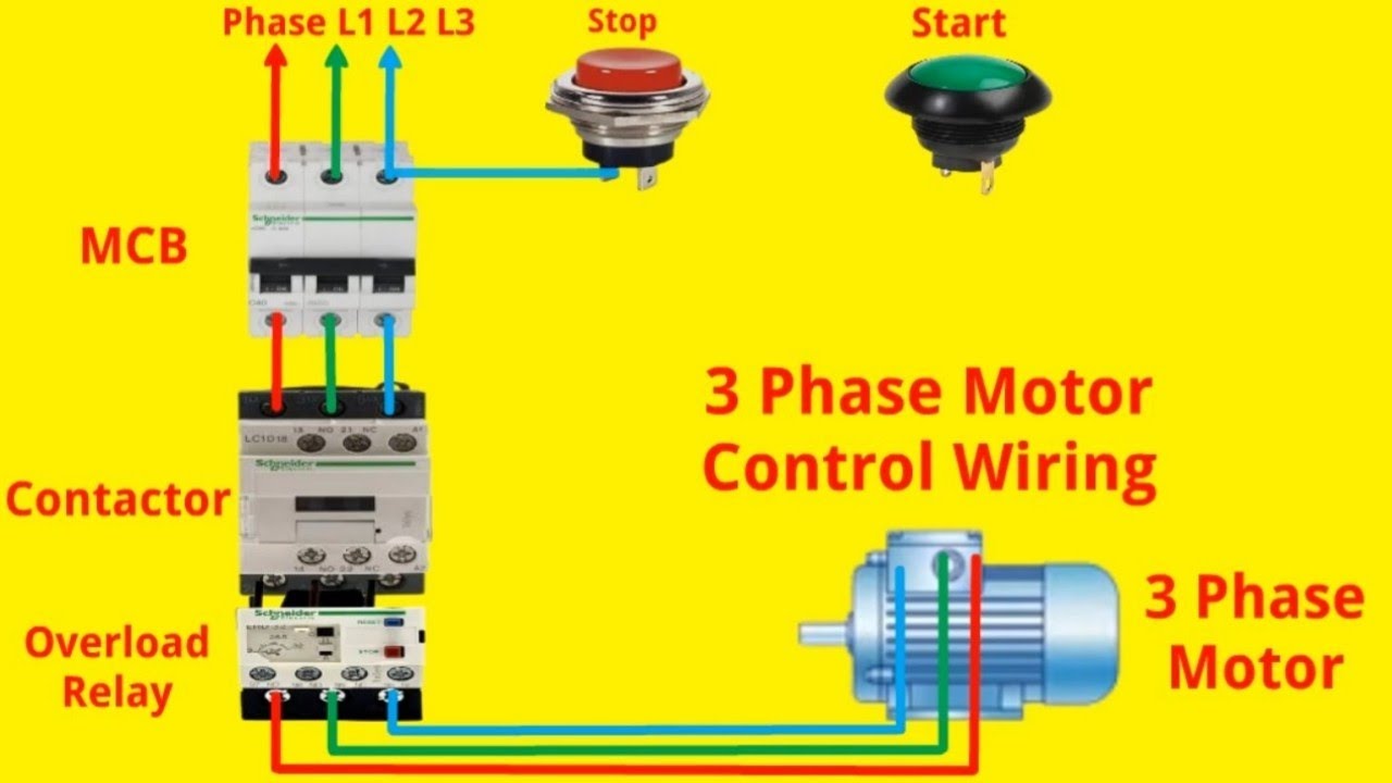 3 Phase Contactor Power and Control Wiring Connection with Stop & Start Push Button