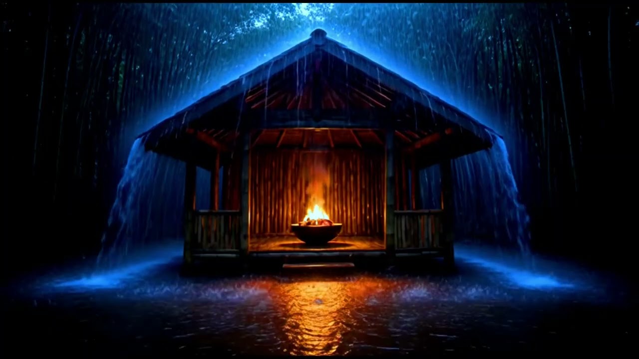 Midnight Rain at Bamboo Forest Gazebo Campfire | Cozy Refuge for Sleep
