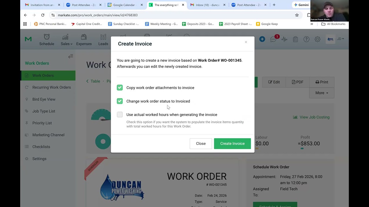 Converting WO to Invoice: Markate