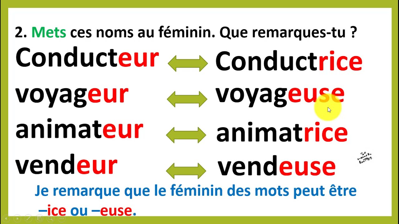 le féminin des noms en -eur مؤنث الاسماء التي تنتهي ب