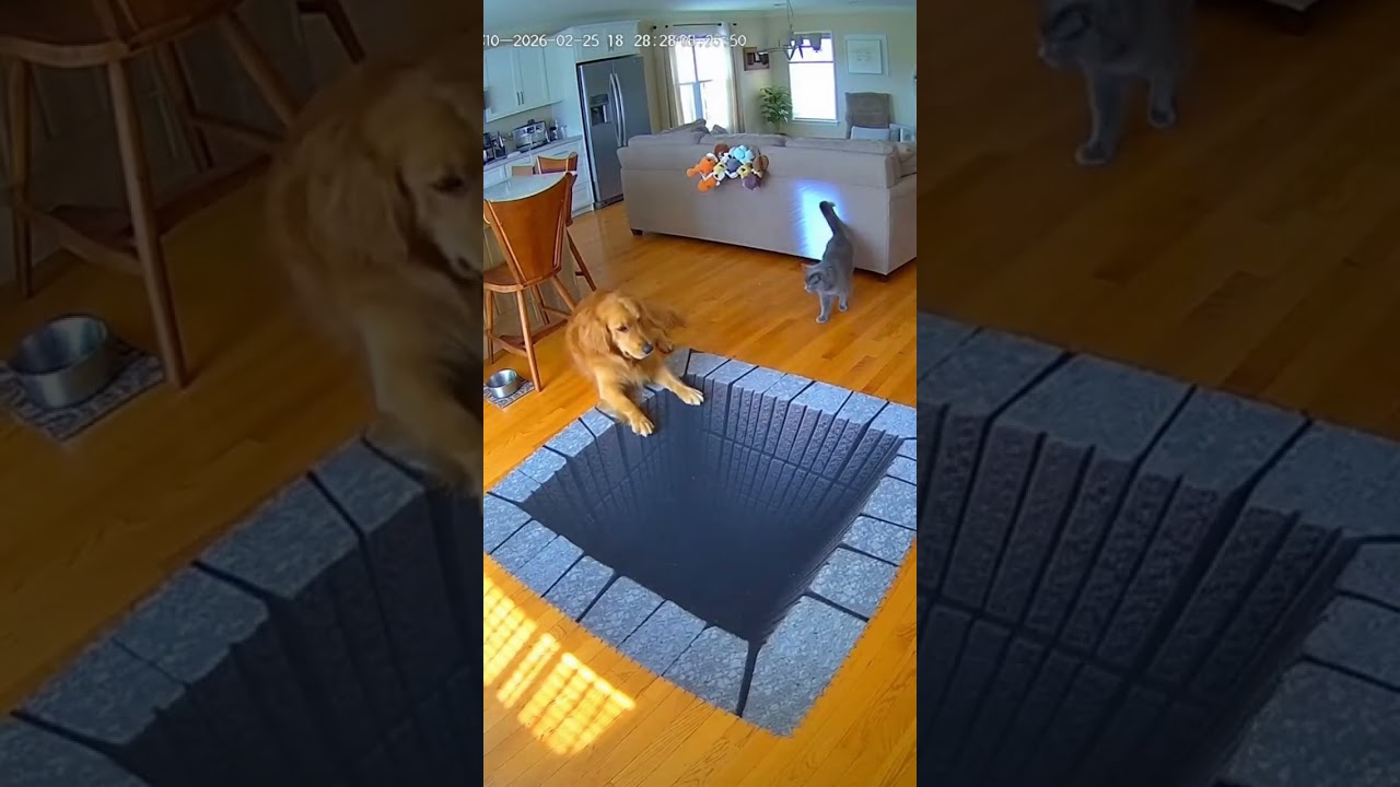 Golden Retriever panic vs Gray Cat lag on the Abyss Rug 💀