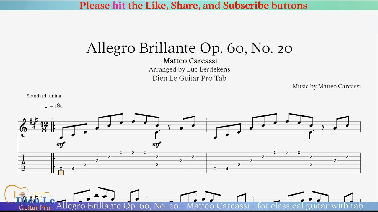 Allegro Brillante Op. 60, No. 20 - Matteo Carcassi - for classical guitar with tab