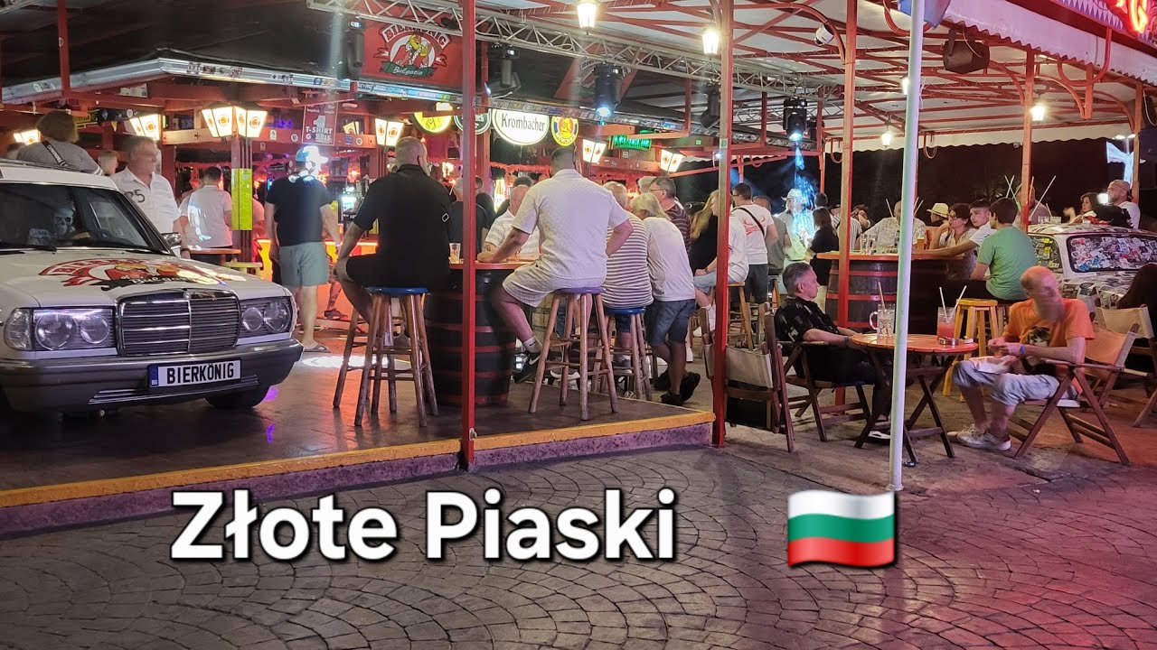 Złote Piaski Bułgaria . Nocne Życie spacer rozrywka. 4k