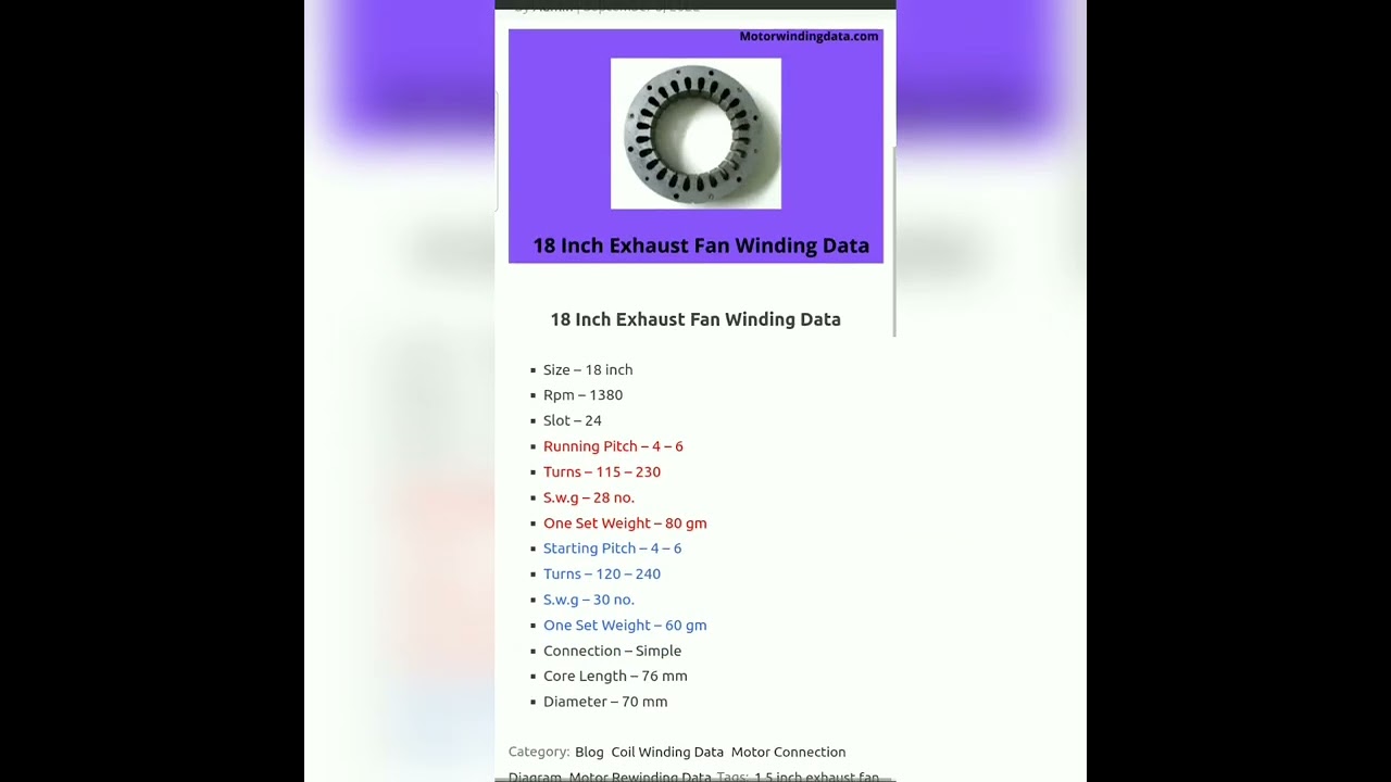 18 Inch Exhaust Fan Winding Data #shorts