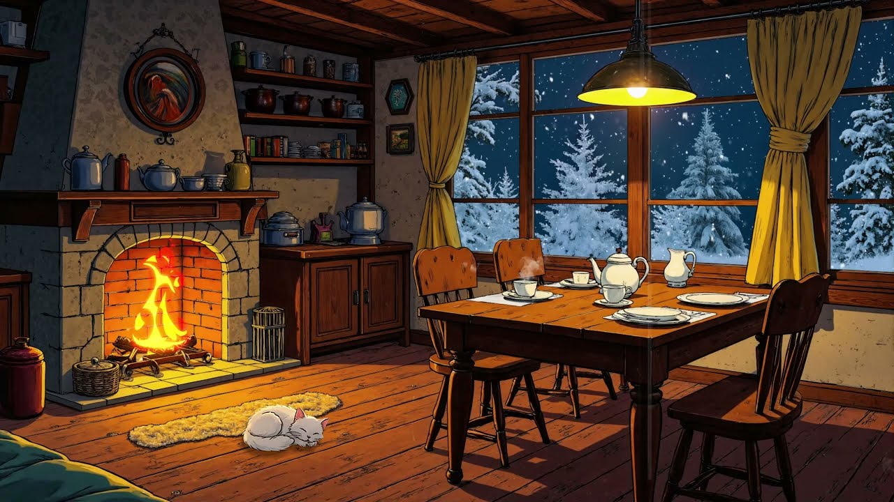 vintage oldies playing in another room while it’s snowing crackling fireplace & falling snow