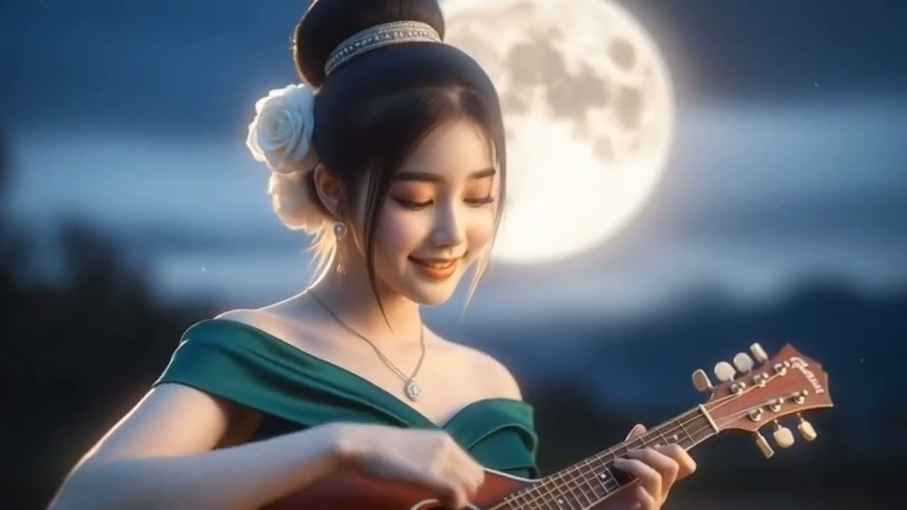 A Beautiful Girl Playing Mandolin Under the Full Moon
