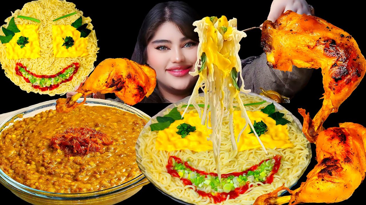 ASMR Cheesy Noodles, Crispy Grilled Chicken & Lentil Stew | 치즈 라면 먹방 | Crunchy Eating Sounds Mukbang