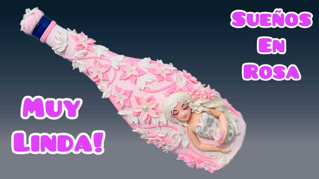 fantastica! botella decorada SUEÑOS  EN ROSA botella reciclada + porcelana fría/ pasta flexible