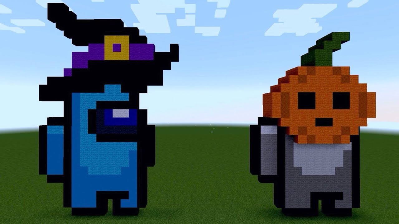 How To Build AMONG US Crewmate Halloween Hat Pumpkin Witch Character Pixel Art In Minecraft