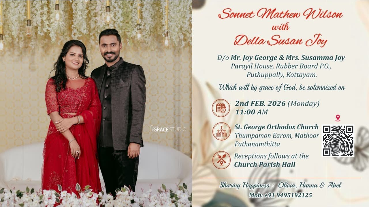 Wedding ceremony of Della Susan Joy & Sonnet Mathew Wilson On Monday 02 Feb 2026 At 11:00 AM  IST