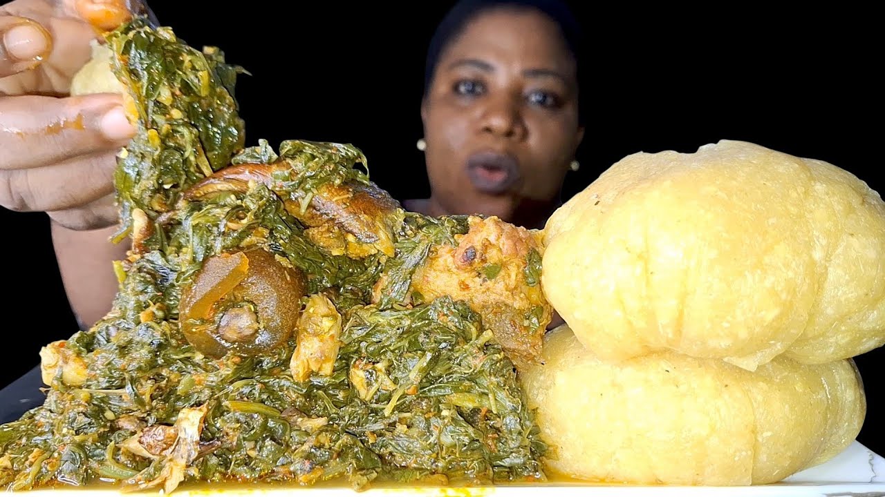 African food mukbang fufu with vegetable soup ASMR mukbang 