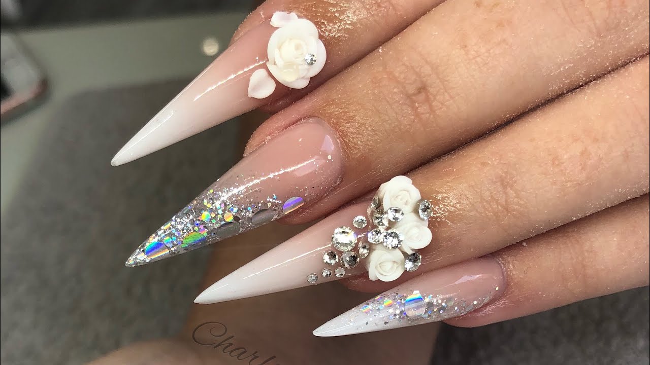 Acrylic nails - stiletto ombré set with 3d acrylic flowers