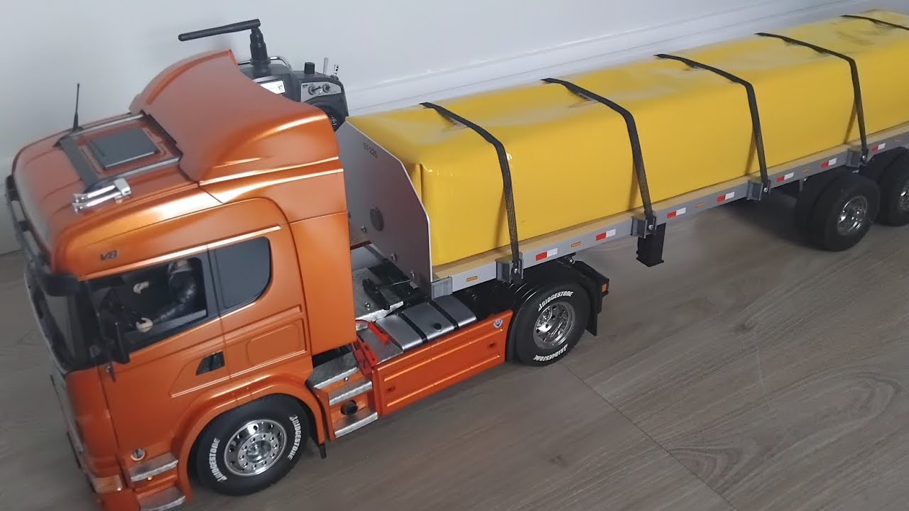 Scania r620 highline tamiya e semi trailer flatbed tamiya com lona 1/14.