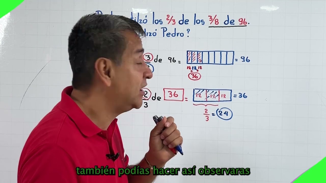 Pedro utilizó los 2/3 de los 3/8 de 96. ¿Cuánto utilizo Pedro?.