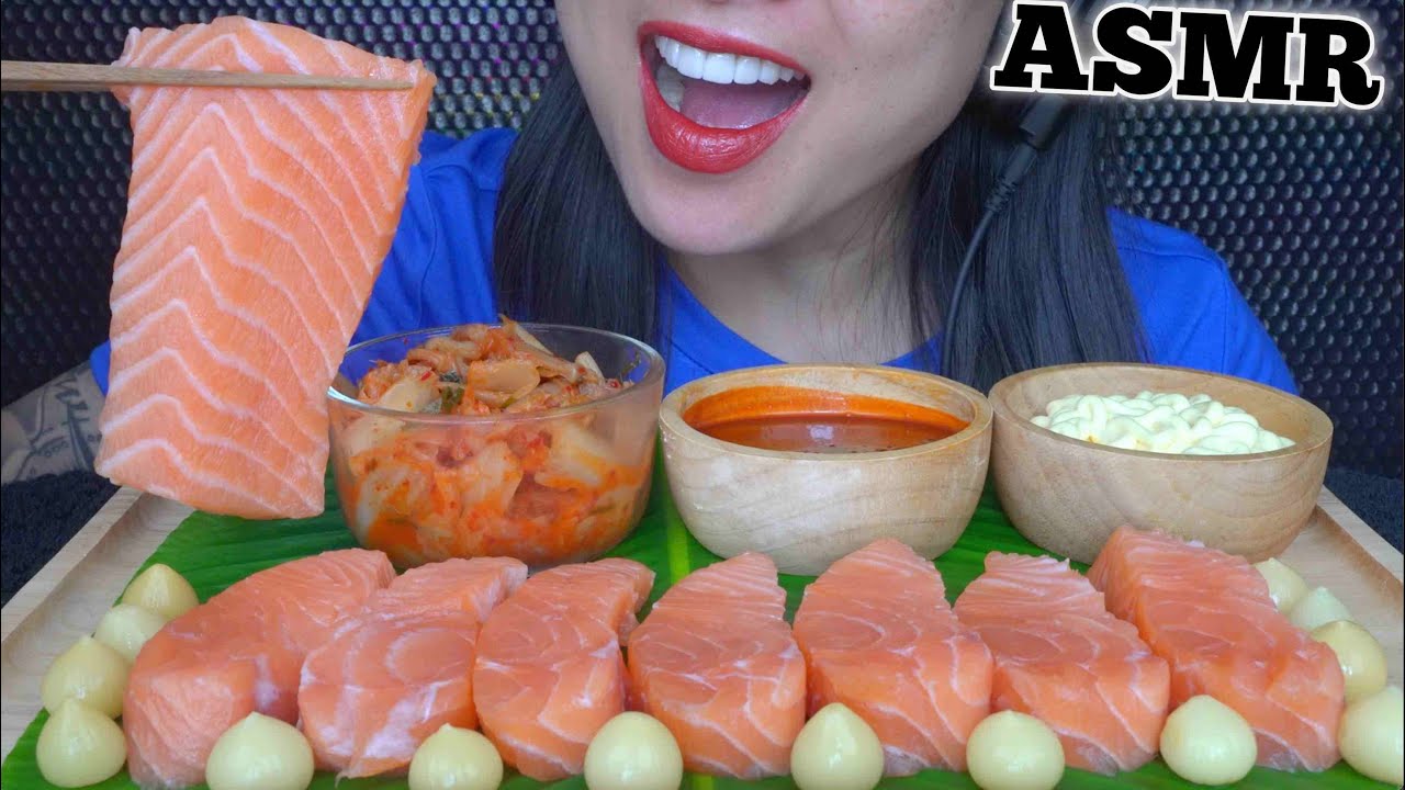 ASMR SALMON SLAB SASHIMI + KIMCHI + FIRE SAUCE MAYO (EATING SOUNDS) LIGHT WHIPSERS | SAS-ASMR