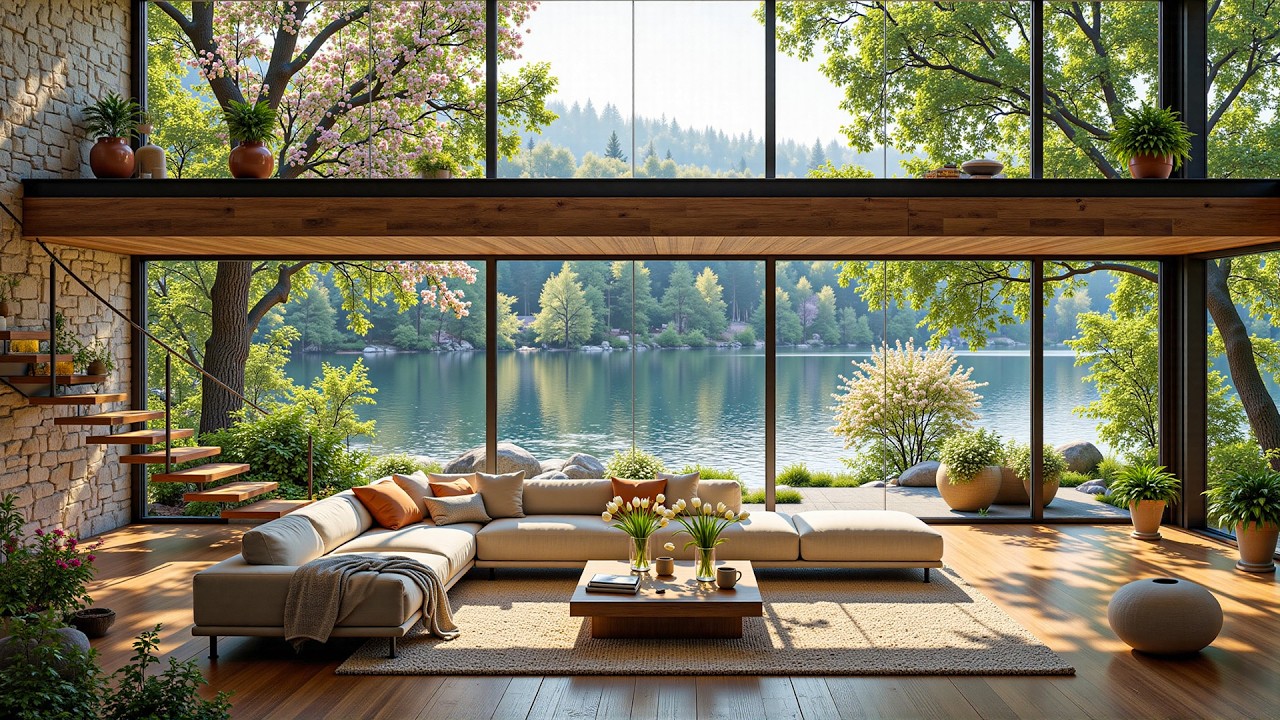 Tranquil Lakeside Spring Jazz 🌸 Modern Glass House Ambience for Study, Work & Relaxation