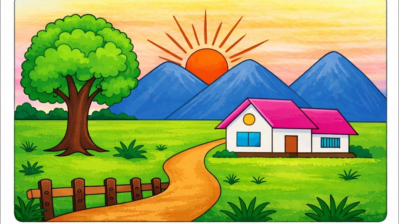  Beautiful Scenery Drawing | Easy Scenery Drawing for Beginners | Sunset Drawing by Oil Pastel 