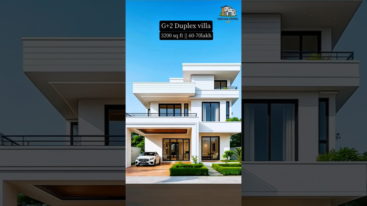 Modern White Villa Front View | 3 Storey Luxury Home Design | 3200 Sqft ₹60-70 Lakh