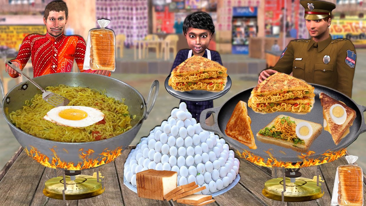 Egg Noodles Fried Sandwich Street Food Hindi Kahaniya Hindi Moral Stories New Funny Comedy Video