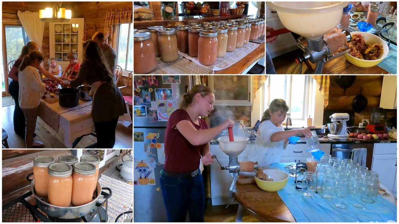 canning applesauce with the whole family using an old Victorio Strainer