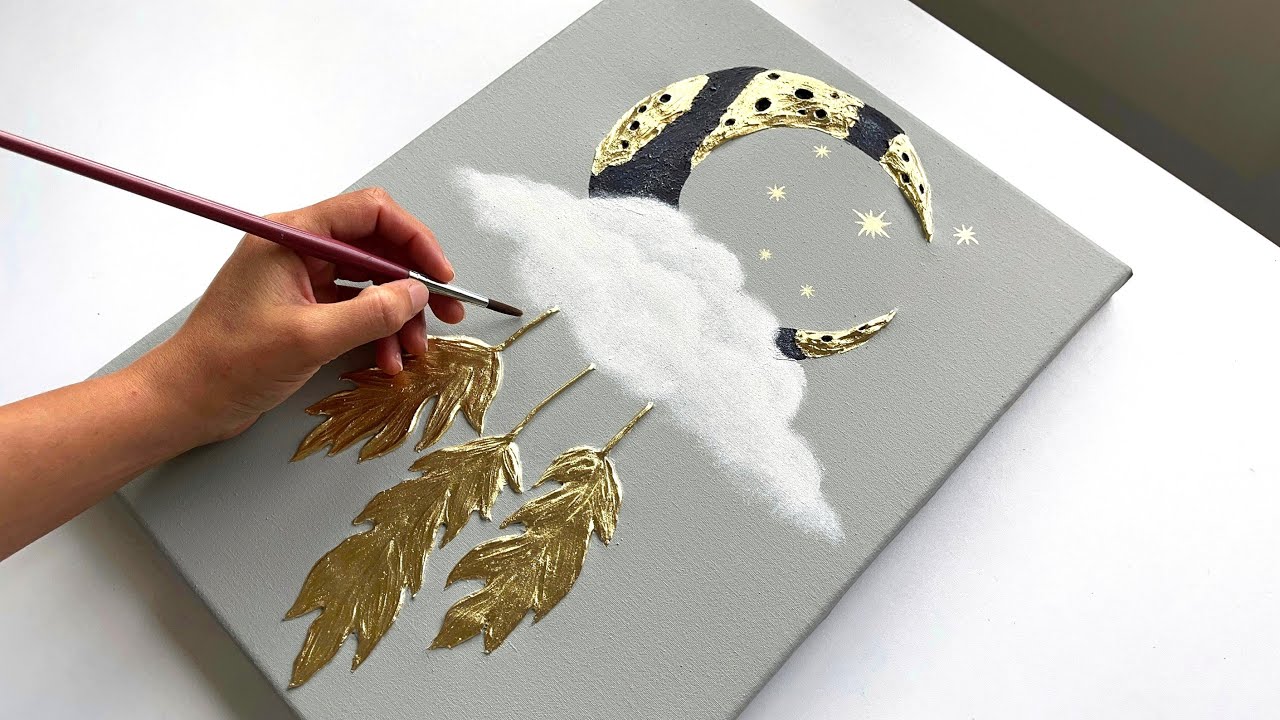How to Paint a Stunning Textured Moon with feather | Step by Step Tutorial | Gold Leaf Art