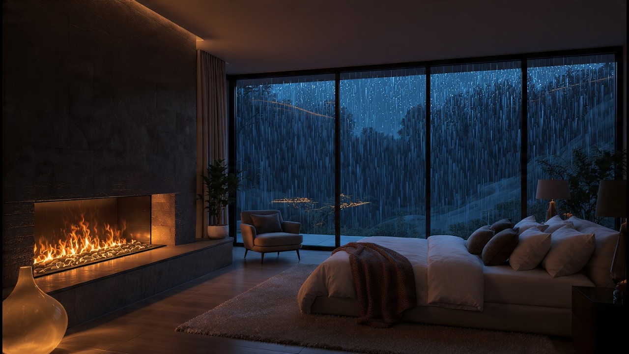 Sleep Instantly: Heavy Rain on Window & Crackling Fireplace Ambience (4K Ambience)
