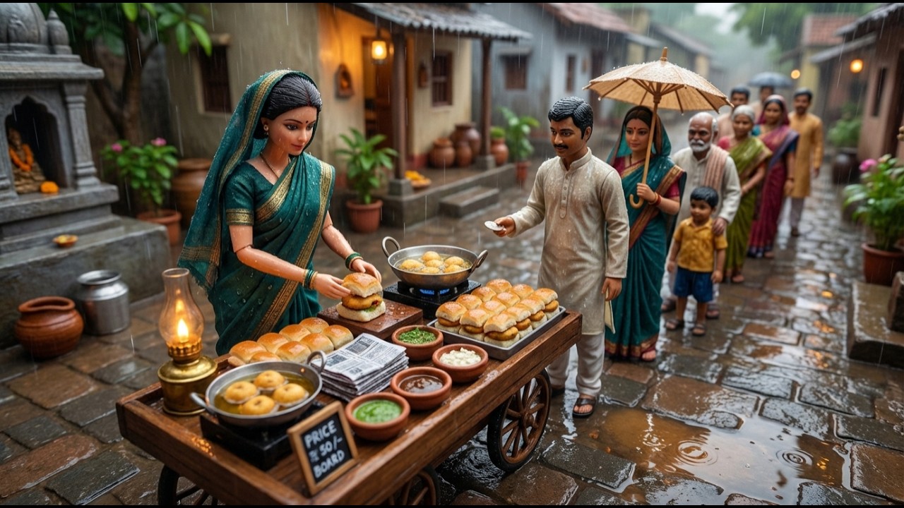 Rainy day in Miniature Doll Shop | Making 50 Mini Vada Pav Indian Burger Sale