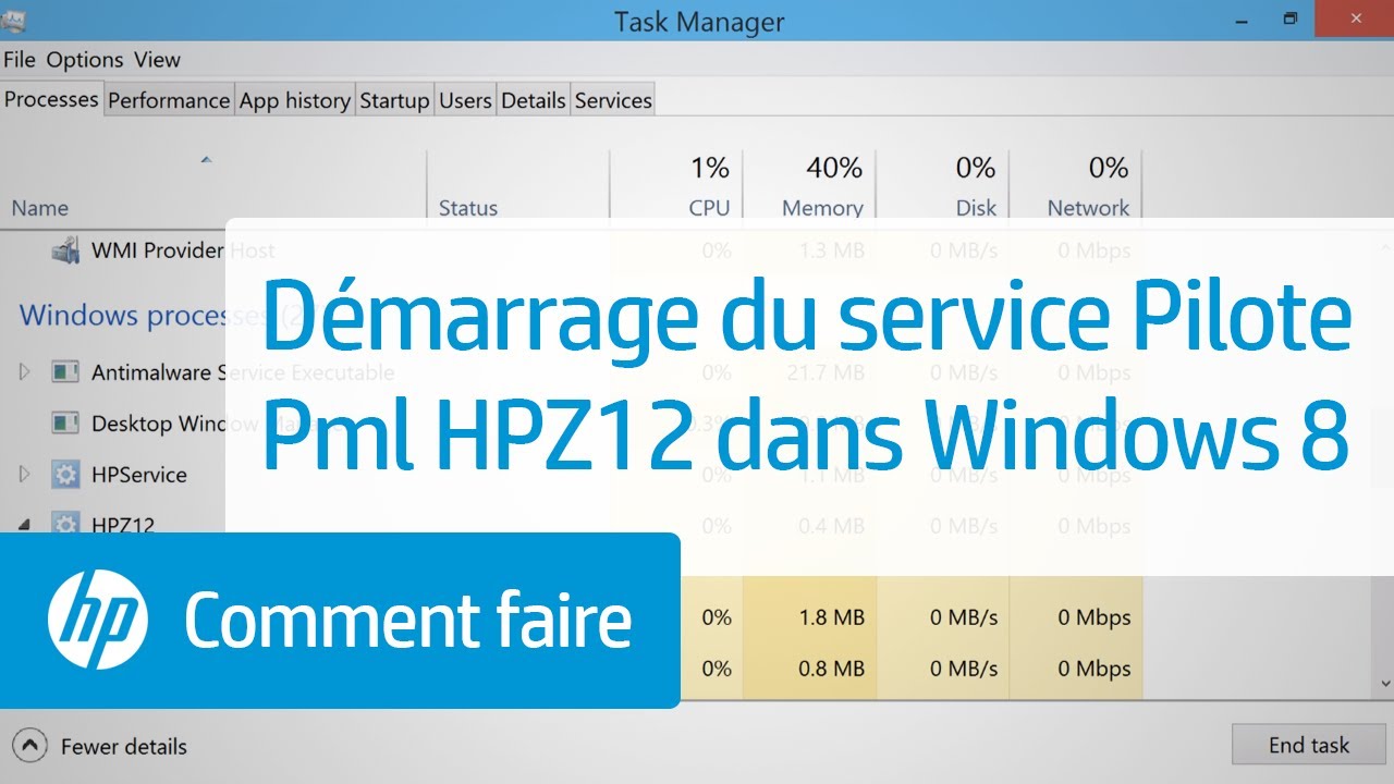 D&eacute;marrage du service Pilote Pml HPZ12 dans Windows 8